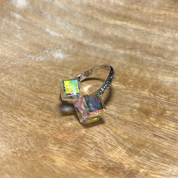 *SOLD* Iridescent Glass Crystal Cubes 925 Sterling Silver Bypass Ring - Picture 4 of 17